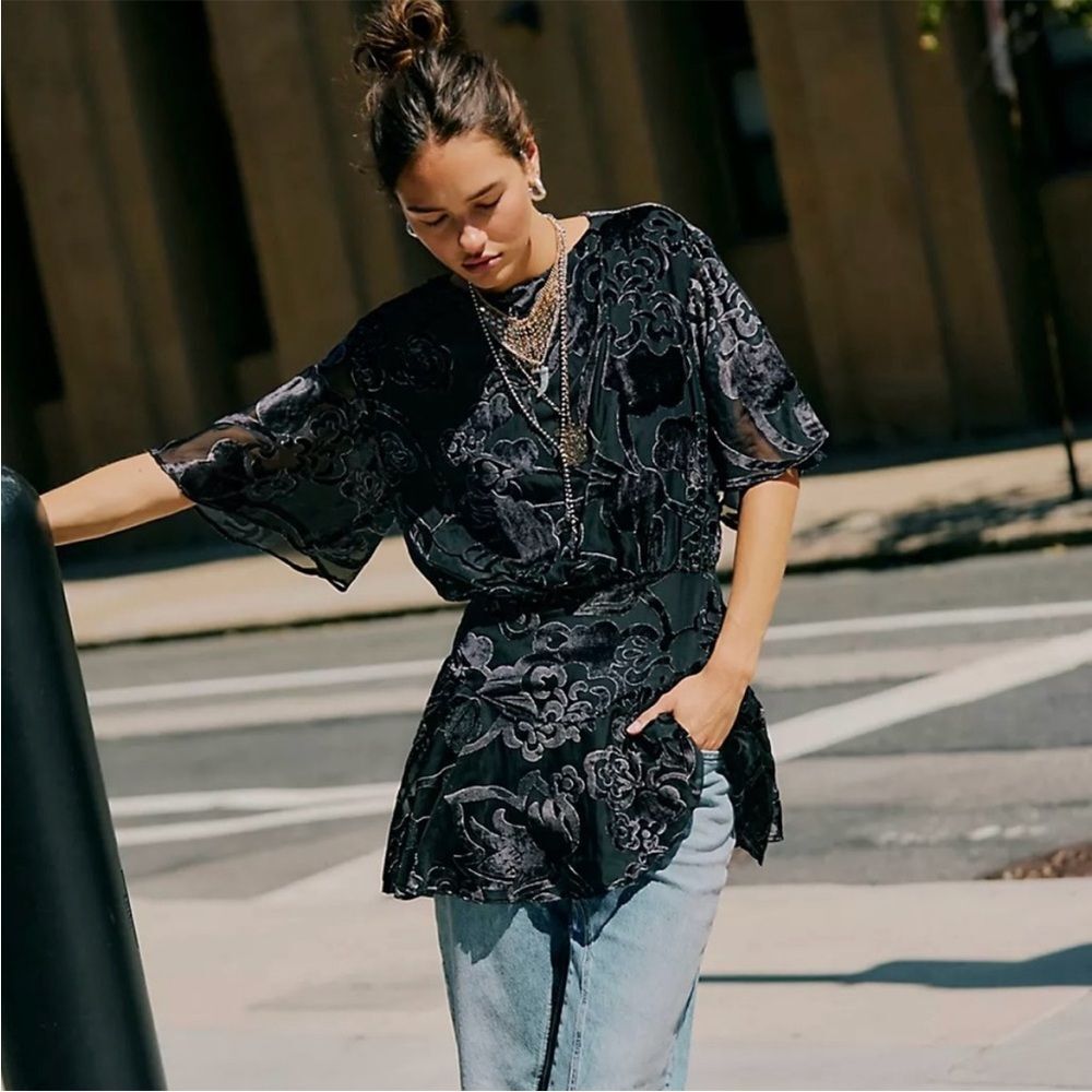 Nwot Free People, Manuka Burnout Velvet Mini Dress, Xs In Black Combo